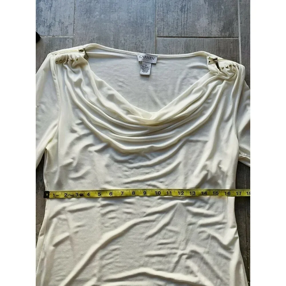 $225 CARMEN MARC VALVO White 3/4 Sleeve Slinky Blouse Tunic Gold Zipper Detail M - Picture 6 of 8